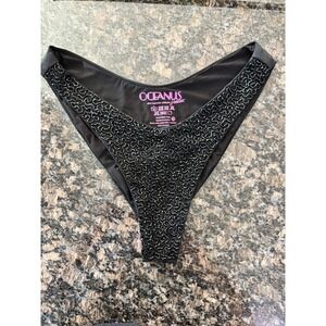 Oceanus Swimwear Black Beaded Bikini Bottom High Leg V-Cut Luxury Swim Size M